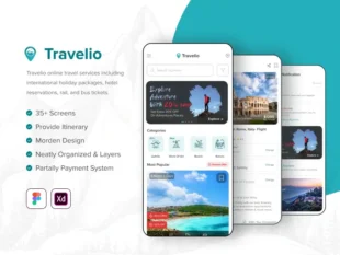 Travelio - Kit interfaccia utente per app per la prenotazione di viaggi, hotel e voli (modello Figma e Adobe Xd)
