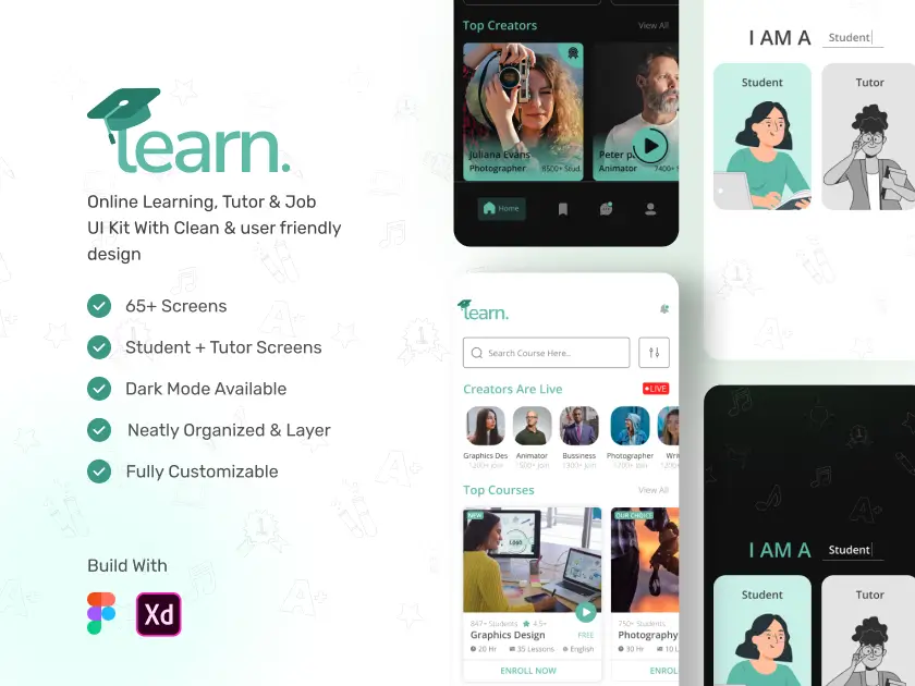 Learn - LMS Education & Courses App UI Kit (Figma & Adobe Xd Template)