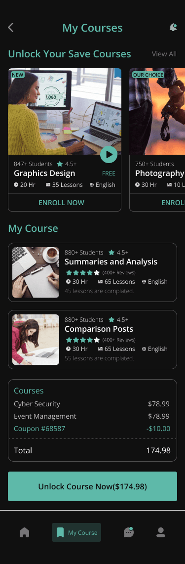 Ucz się — Lms Education &Amp; Zestaw interfejsu aplikacji Courses (szablon Figma i Adobe Xd)