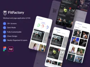 FitFactory - Gym, Fitness and Podcast App UI Kit (Figma & Adobe Xd Template)
