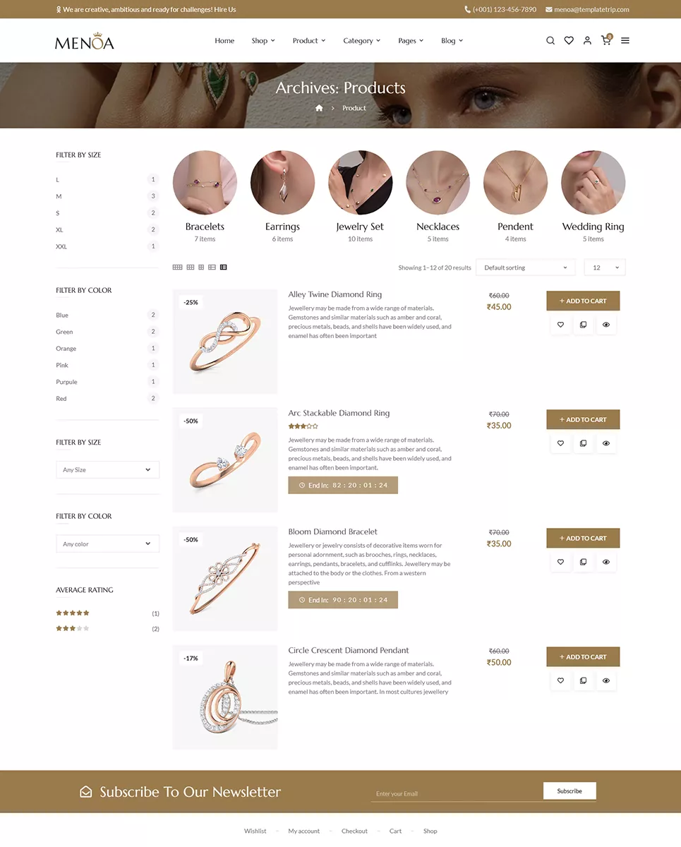 Menoa - Negozio di gioielli moderni e imitazioni - Tema reattivo WooCommerce