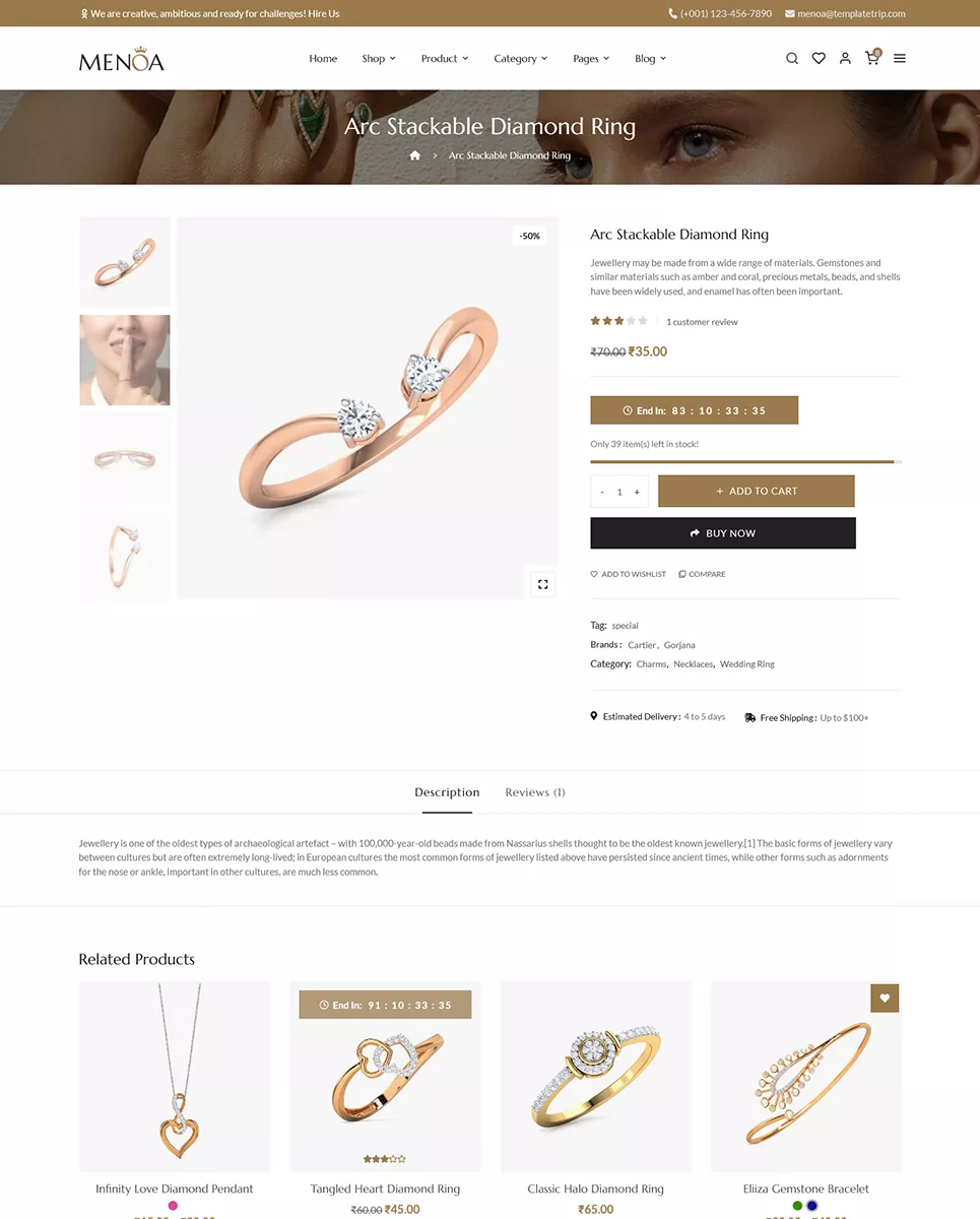 Menoa - Negozio di gioielli moderni e imitazioni - Tema reattivo WooCommerce