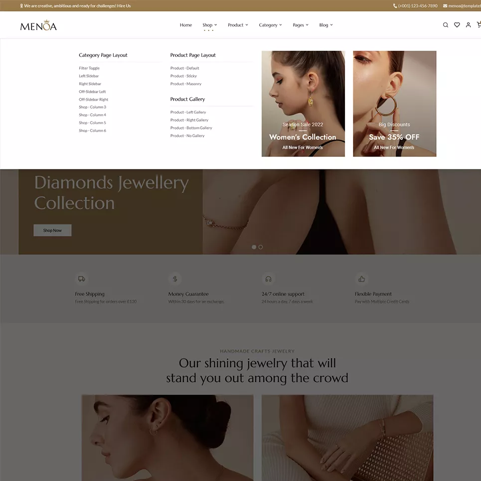 Menoa - Negozio di gioielli moderni e imitazioni - Tema reattivo WooCommerce