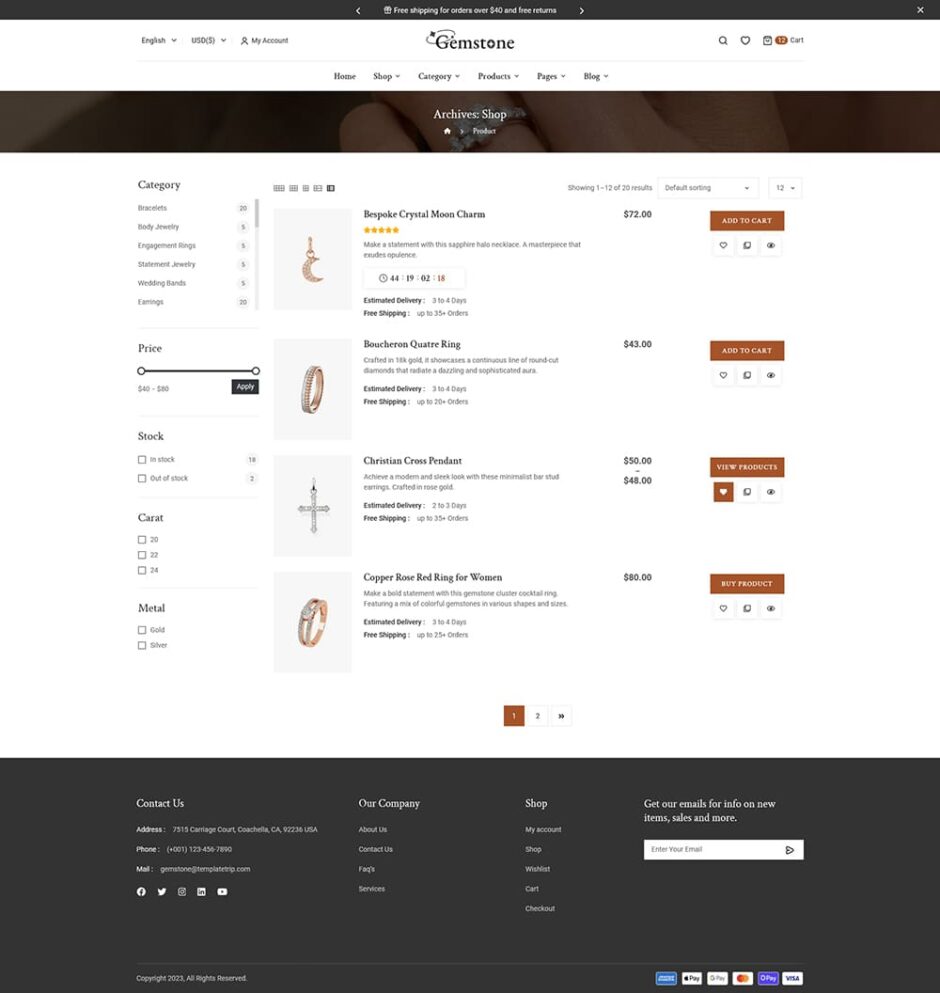 Gemstone - Elegance Jewelry Store - WooCommerce Responsive theme