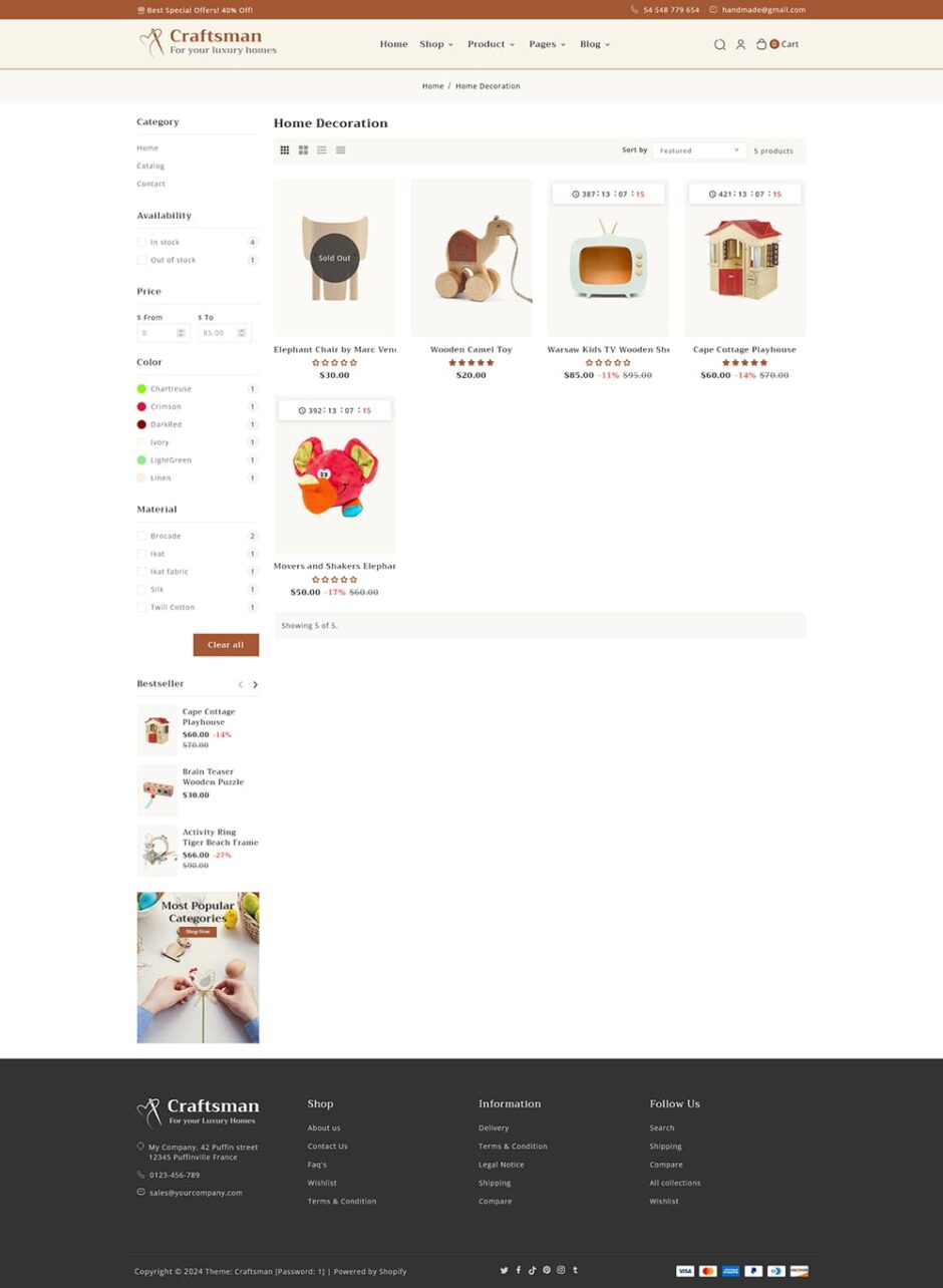 Craftsman - Handmade, Furniture & Home Decor - Shopify Theme