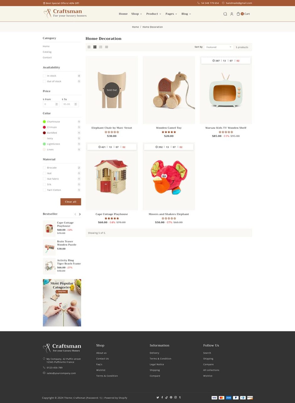 Craftsman - Handmade, Furniture & Home Decor - Shopify Theme