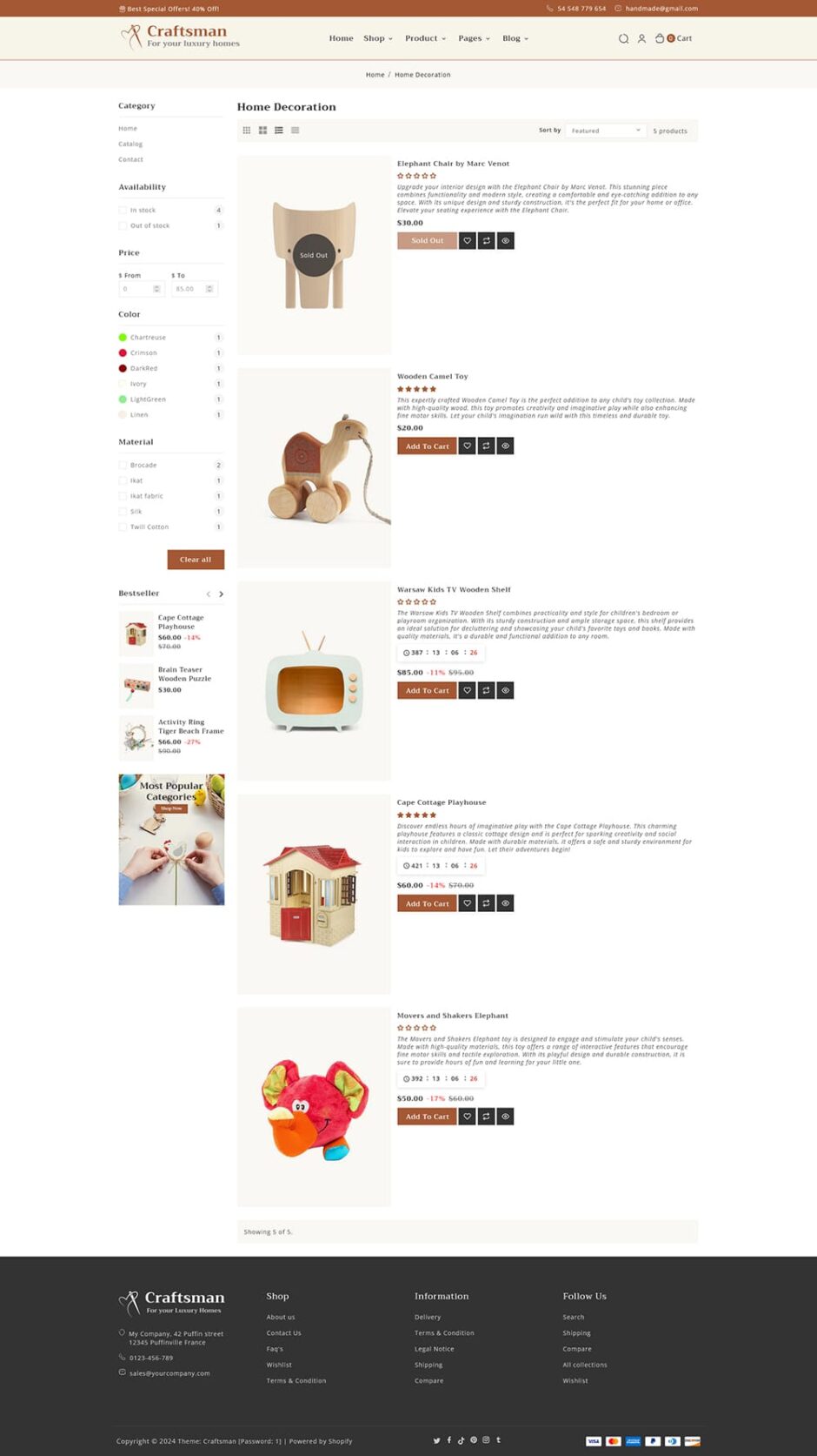 Craftsman - Handmade, Furniture & Home Decor - Shopify Theme
