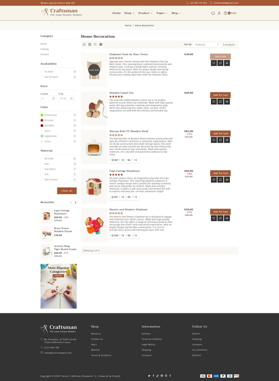 Craftsman - Handmade, Furniture & Home Decor - Shopify Theme